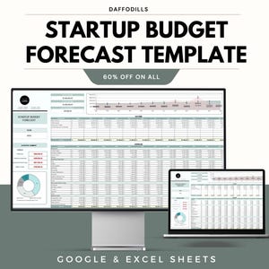May include: A desktop computer monitor and laptop showing a startup budget forecast template. The text "STARTUP BUDGET FORECAST TEMPLATE" is in bold black font. The image also includes the text "60% OFF ON ALL" and "GOOGLE & EXCEL SHEETS".