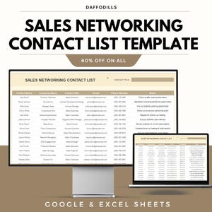 May include: A digital sales networking contact list template, shown on a computer monitor and a laptop. The template includes fields for contact details such as name, company, title, email, and phone number. The text "SALES NETWORKING CONTACT LIST TEMPLATE" is at the top.