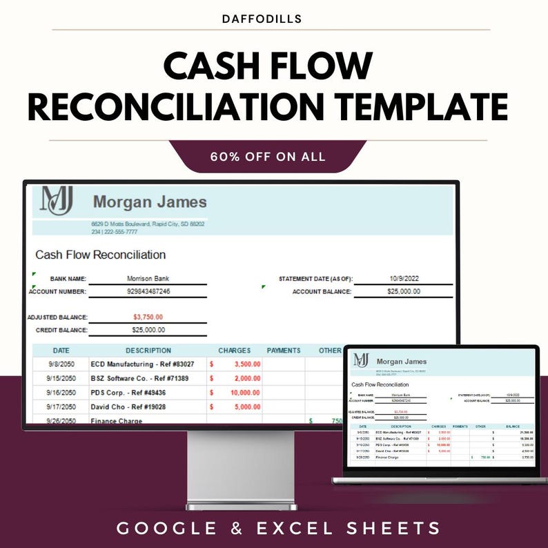 Pode incluir: Um monitor de computador e um laptop exibem um modelo de reconcilia&ccedil;&atilde;o de fluxo de caixa. O modelo inclui o nome do banco, o n&uacute;mero da conta, a data do extrato e o saldo da conta. A imagem tamb&eacute;m mostra uma venda com 60% de desconto em todos os modelos.
