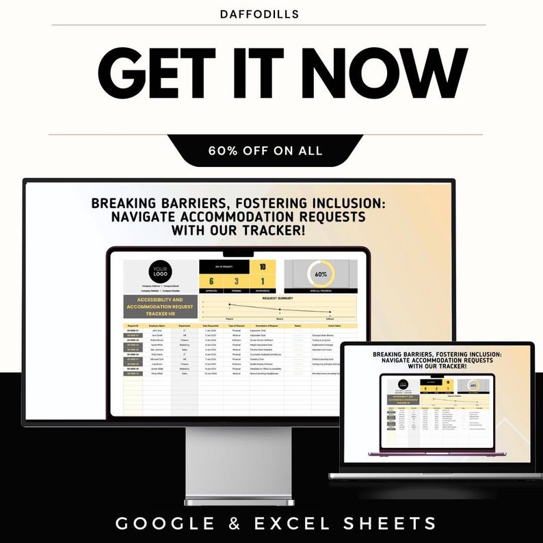 Puede incluir: Anuncio de un rastreador para navegar por las solicitudes de alojamiento, que se muestra en un monitor de escritorio y un port&aacute;til. El texto dice "GET IT NOW" con una promoci&oacute;n del 60% de descuento. Compatible con Google y Excel Sheets.