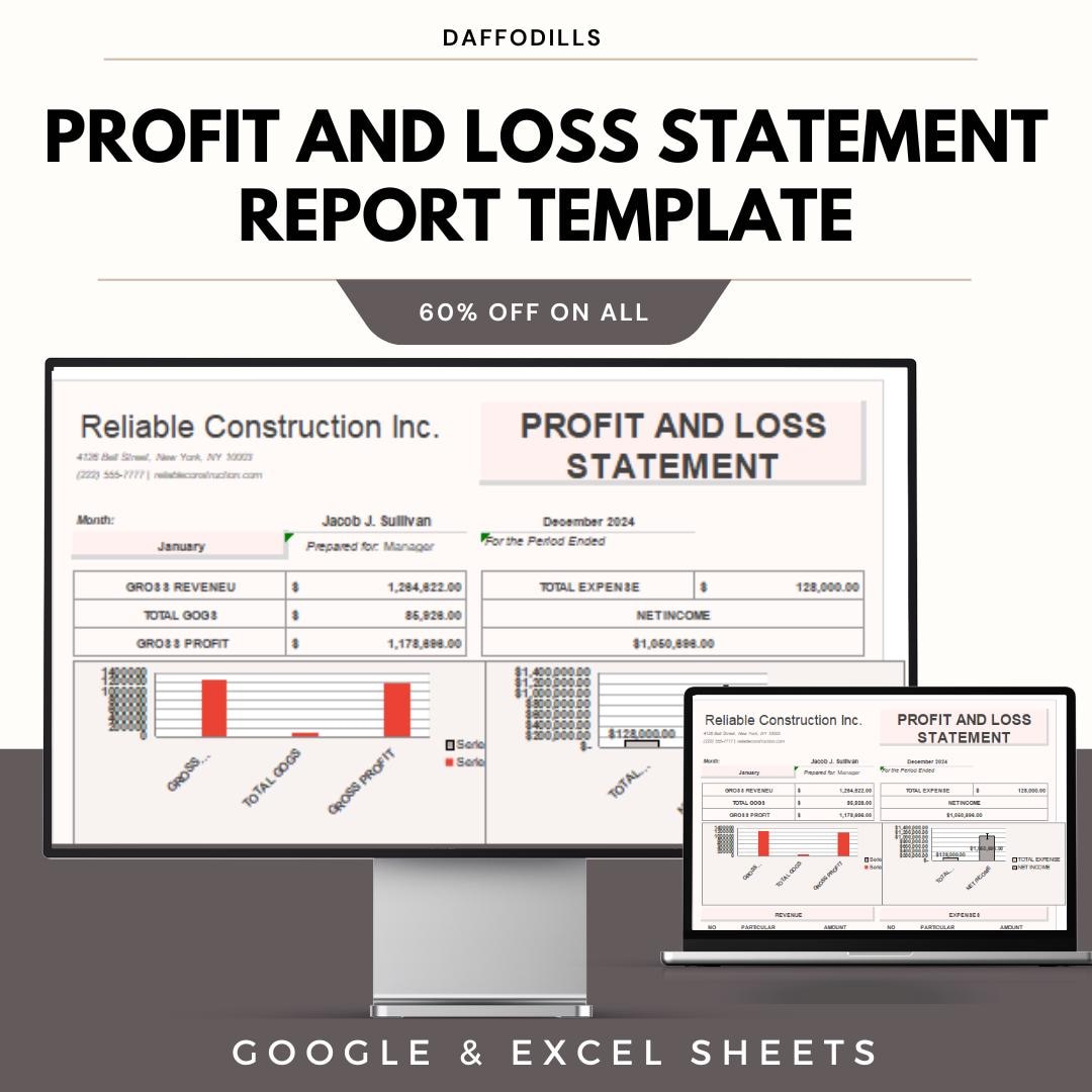 Profit and Loss Statement Report Template, Business P&L Report, Income ...
