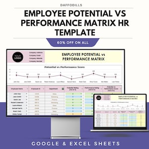 May include: A digital HR template titled "Employee Potential vs Performance Matrix" is displayed on a computer monitor and laptop. The template includes a chart and data tables. The image also features the text "60% OFF ON ALL" and "GOOGLE & EXCEL SHEETS".