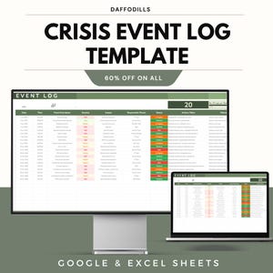 May include: A computer monitor and laptop display a "Crisis Event Log Template" with the text "60% OFF ON ALL". The template is for Google & Excel Sheets. The monitor and laptop show a spreadsheet with columns for date, time, event description, and status.