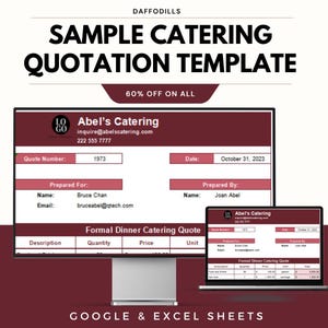 May include: A computer monitor and laptop display a catering quotation template. The template includes the text "Sample Catering Quotation Template" and "60% Off On All". The template is for Abel's Catering and includes fields for quote number, date, and prepared for/by information.