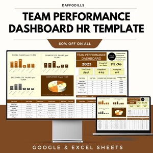 May include: A digital HR template for team performance dashboards, displayed on a computer monitor and laptop. The template includes charts, graphs, and data tables, with the text "TEAM PERFORMANCE DASHBOARD HR TEMPLATE" and "GOOGLE & EXCEL SHEETS".