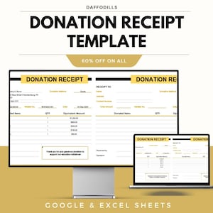 May include: A digital donation receipt template shown on a computer monitor and laptop. The template includes fields for donor details, donation information, and a thank you message. The text reads "DONATION RECEIPT TEMPLATE" and "60% OFF ON ALL".