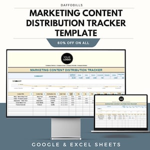 May include: A digital marketing content distribution tracker template displayed on a computer monitor and laptop. The template includes sections for tracking content titles, types, distribution channels, and audience reach. The image also includes the text "60% OFF ON ALL".