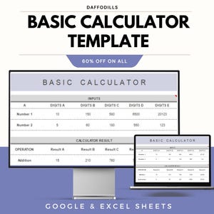 Puede incluir: Una plantilla digital para una calculadora básica, que se muestra en un monitor de computadora y una computadora portátil. La plantilla incluye secciones para entradas y resultados de la calculadora. El texto "BASIC CALCULATOR TEMPLATE" se muestra en la parte superior.