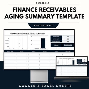 Peut inclure: Un écran d'ordinateur et un ordinateur portable affichant un "Modèle de résumé de l'ancienneté des créances financières". Le modèle comprend des graphiques et des tableaux avec des données financières. Le texte "60% DE RÉDUCTION SUR TOUT" et "GOOGLE & EXCEL SHEETS" est également présent.