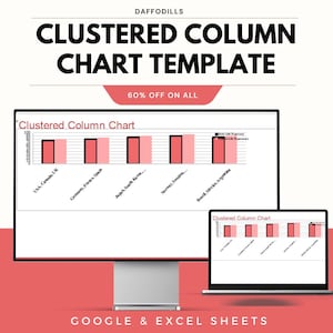 Può includere: Un monitor di computer e un laptop mostrano un modello di grafico a colonne raggruppate. Il testo "CLUSTERED COLUMN CHART TEMPLATE" è in alto, con "60% OFF ON ALL" sotto. La parte inferiore dell'immagine recita "GOOGLE & EXCEL SHEETS".