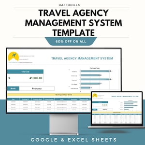 May include: A digital template for a travel agency management system, displayed on a desktop monitor and laptop. The screen shows data, charts, and the text "TRAVEL AGENCY MANAGEMENT SYSTEM TEMPLATE". The template is for Google & Excel Sheets.