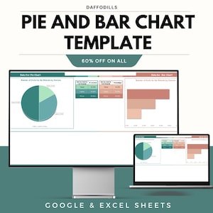 Op de afbeelding: Een computermonitor en een laptop met taart- en staafdiagramsjablonen. De tekst op de afbeelding luidt "PIE AND BAR CHART TEMPLATE" en "60% OFF ON ALL". De onderkant van de afbeelding zegt "GOOGLE & EXCEL SHEETS".