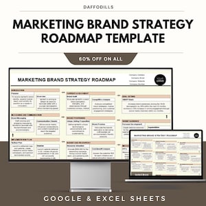 May include: A digital marketing brand strategy roadmap template displayed on a computer monitor and laptop. The template includes sections for brand audit, positioning, and target audience. The text "60% OFF ON ALL" is also visible.