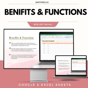 May include: Image of a computer monitor and two laptops displaying a spreadsheet interface. The text reads "BENIFITS & FUNCTIONS" and "GOOGLE & EXCEL SHEETS". The image also includes the text "60% OFF ON ALL".