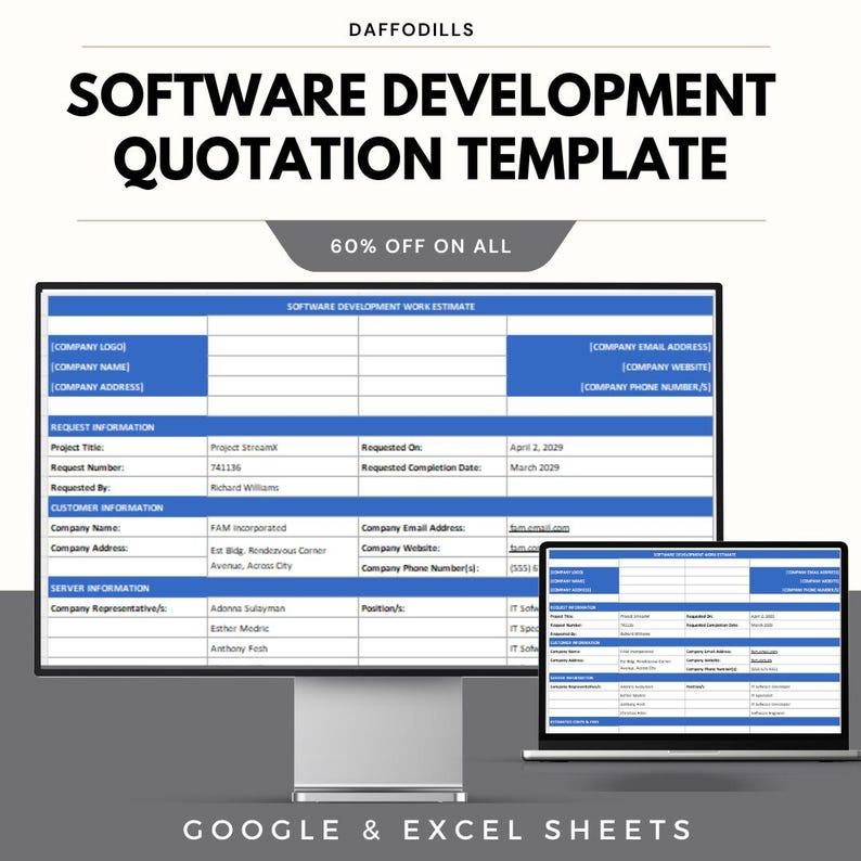 May include: A computer monitor and laptop display a software development quotation template. The template has blue and white sections for company and project details. Text on the image includes "Software Development Quotation Template" and "60% Off On All."