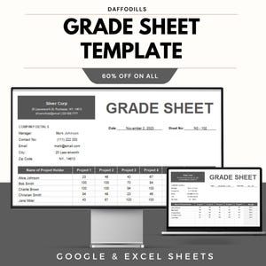 Könnte beinhalten: Eine digitale Notenblattvorlage, die auf einem Desktop-Monitor und einem Laptop angezeigt wird. Die Vorlage enthält Felder für Unternehmensdetails, Schülernamen und Projektnoten. Der Text "GRADE SHEET TEMPLATE" ist prominent dargestellt, darunter "60% OFF ON ALL".
