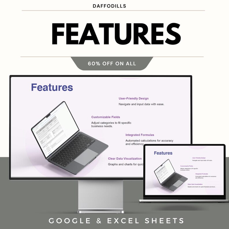 May include: A promotional image with the text "FEATURES" and "60% OFF ON ALL". The image displays a computer monitor and a laptop, both showing a presentation about features, including user-friendly design and integrated formulas. The text "GOOGLE & EXCEL SHEETS" is also visible.