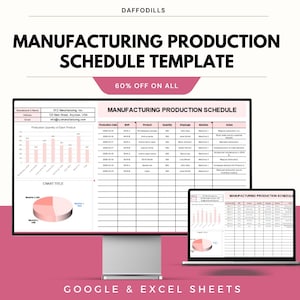 Puede incluir: Una plantilla digital para un programa de producción manufacturera, que se muestra en un monitor de computadora y una computadora portátil. La plantilla incluye gráficos y tablas para el seguimiento de datos de producción. También incluye el texto "60% OFF ON ALL" y "GOOGLE & EXCEL SHEETS".