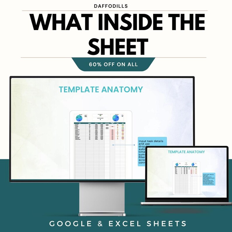 May include: A digital product advertisement featuring a computer monitor and a laptop displaying a spreadsheet template. The text "WHAT INSIDE THE SHEET" and "TEMPLATE ANATOMY" are visible. The image also includes the text "60% OFF ON ALL" and "GOOGLE & EXCEL SHEETS".
