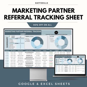 May include: A digital marketing partner referral tracking sheet displayed on a computer monitor and laptop. The sheet includes charts, tables, and the text "Marketing Partner Referral Tracking Sheet". The image also includes the text "Google & Excel Sheets".