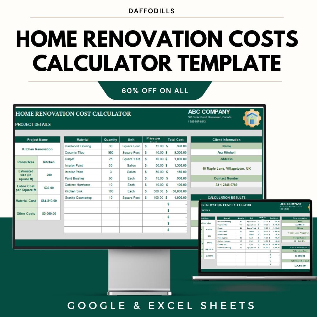 Picture of Home Renovation Costs Calculator Template - Google & Excel Sheets for ...