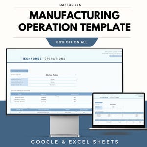 Op de afbeelding: Een digitale marketingafbeelding met een computermonitor en een laptop met een sjabloon voor productieactiviteiten. De tekst luidt "Manufacturing Operation Template" en "60% Off On All". De sjabloon is voor Google & Excel Sheets.