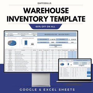 Könnte beinhalten: Ein Computermonitor und ein Laptop zeigen eine Lagerinventurvorlage. Die Vorlage enthält Datenvisualisierungen, Artikelbeschreibungen und Finanzübersichten. Der Text auf dem Bildschirm lautet "WAREHOUSE INVENTORY TEMPLATE" und "60% OFF ON ALL".