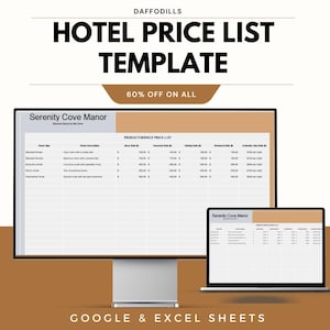 Może przedstawiać: Cyfrowy szablon cennika hotelowego wyświetlany na monitorze komputera stacjonarnego i laptopie. Szablon zawiera tekst "HOTEL PRICE LIST TEMPLATE" i "60% OFF ON ALL". Szablon jest przeznaczony dla Google & Excel Sheets.