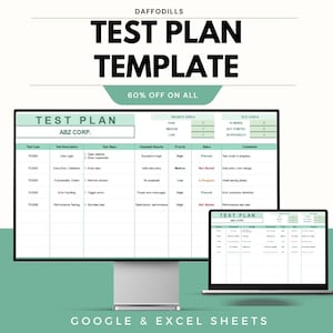May include: A digital test plan template displayed on a desktop monitor and a laptop. The text "TEST PLAN TEMPLATE" is prominently featured, with "60% OFF ON ALL" below. The template includes sections for test case, description, steps, and expected results.
