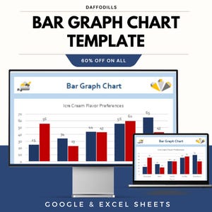 Puede incluir: Una pantalla de ordenador y un portátil muestran una plantilla de gráfico de barras. El texto dice "Bar Graph Chart Template" y "60% OFF ON ALL". El gráfico muestra las preferencias de sabor de helado con barras rojas y azules. El texto "GOOGLE & EXCEL SHEETS" está en la parte inferior.