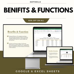 May include: A digital marketing image with the text "BENIFITS & FUNCTIONS" and "60% OFF ON ALL". The image shows three laptops displaying spreadsheets with the text "Benefits & Function" and "INTERVIEW SCHEDULE TRACKER". The bottom of the image reads "GOOGLE & EXCEL SHEETS".