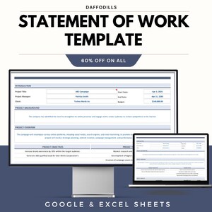 May include: A digital statement of work template, shown on a desktop monitor and a laptop. The template includes sections for project overview, objectives, and background. The text "STATEMENT OF WORK TEMPLATE" is prominently displayed.
