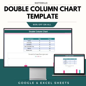 May include: A computer monitor and laptop display a double column chart template. The chart shows ice cream flavor preferences by gender, with data visualized in a table and bar graph. The text "DOUBLE COLUMN CHART TEMPLATE" is at the top.