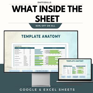 May include: A computer monitor and laptop display a spreadsheet titled "TEMPLATE ANATOMY." The monitor shows a detailed chart with green and blue bars. The laptop displays a similar, smaller version. Text at the top reads "WHAT INSIDE THE SHEET" and "60% OFF ON ALL."