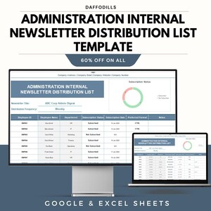 Könnte beinhalten: Eine digitale Vorlage für eine interne Newsletter-Verteilerliste der Verwaltung, angezeigt auf einem Desktop-Monitor und einem Laptop. Die Vorlage enthält Felder für Mitarbeiter-ID, Name, Abteilung und Abonnementstatus. Der Text "60% OFF ON ALL" ist ebenfalls sichtbar.
