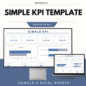 May include: A digital marketing template titled "SIMPLE KPI TEMPLATE" with a blue and white color scheme. The template is displayed on a desktop monitor and a laptop, showcasing key performance indicators. The text "60% OFF ON ALL" is also visible.