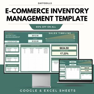 May include: An e-commerce inventory management template displayed on a computer monitor and a laptop. The template includes data visualizations, sales timelines, and financial metrics. The text on the image reads "E-COMMERCE INVENTORY MANAGEMENT TEMPLATE" and "60% OFF ON ALL".
