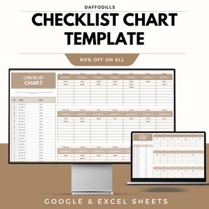 May include: A digital checklist chart template displayed on a computer monitor and a laptop. The text "CHECKLIST CHART TEMPLATE" is at the top, with "60% OFF ON ALL" below it. The bottom of the image reads "GOOGLE & EXCEL SHEETS".