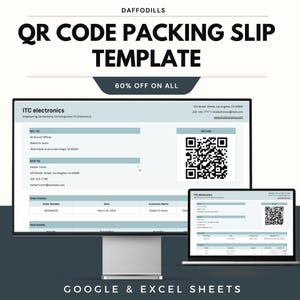 Può includere: Un modello digitale di bolla di accompagnamento con codice QR, con il testo "QR CODE PACKING SLIP TEMPLATE" e "60% OFF ON ALL". Il modello include una fattura di esempio da "ITC electronics".
