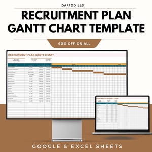 May include: A recruitment plan Gantt chart template displayed on a desktop monitor and a laptop. The image includes the text "RECRUITMENT PLAN GANTT CHART TEMPLATE" and "60% OFF ON ALL". The template is designed for Google & Excel Sheets.