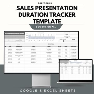 May include: A digital sales presentation duration tracker template displayed on a desktop computer and a laptop. The template includes a data table, a timeline, and the text "SALES PRESENTATION DURATION TRACKER TEMPLATE". The image also includes the text "60% OFF ON ALL" and "GOOGLE & EXCEL SHEETS".