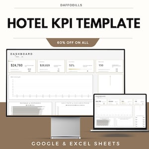 Może przedstawiać: Cyfrowy wyświetlacz szablonu KPI dla hoteli z tekstem "HOTEL KPI TEMPLATE" i "60% OFF ON ALL". Pulpit nawigacyjny pokazuje dane finansowe, w tym przychody i wydatki, i jest kompatybilny z arkuszami Google i Excel.