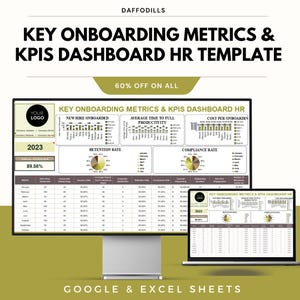 May include: A digital HR template, "Key Onboarding Metrics & KPIs Dashboard HR Template", is shown on a computer monitor and laptop. The template features charts and data visualizations for tracking onboarding metrics. The text "60% OFF ON ALL" is also visible.