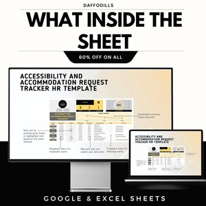 Puede incluir: Una pantalla digital con el texto "WHAT INSIDE THE SHEET" y "60% OFF ON ALL". La pantalla muestra una hoja de c&aacute;lculo titulada "ACCESSIBILITY AND ACCOMMODATION REQUEST TRACKER HR TEMPLATE". Un port&aacute;til muestra la misma plantilla. El texto inferior dice "GOOGLE & EXCEL SHEETS".