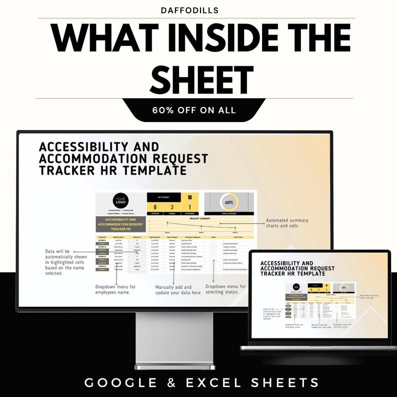 Puede incluir: Una pantalla digital con el texto "WHAT INSIDE THE SHEET" y "60% OFF ON ALL". La pantalla muestra una hoja de c&aacute;lculo titulada "ACCESSIBILITY AND ACCOMMODATION REQUEST TRACKER HR TEMPLATE". Un port&aacute;til muestra la misma plantilla. El texto inferior dice "GOOGLE & EXCEL SHEETS".