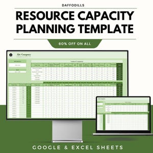 Op de afbeelding: Een computermonitor en een laptop tonen een groen en wit resource capacity planning template. De template bevat een tabel met rijen en kolommen voor projectdetails. De tekst "RESOURCE CAPACITY PLANNING TEMPLATE" staat bovenaan, met "60% OFF ON ALL" eronder.