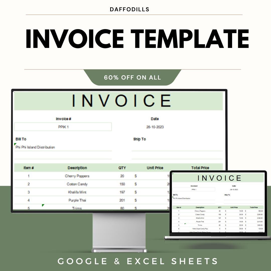 Invoice Template, Excel Google Sheets Invoice, Billing Receipt Template ...