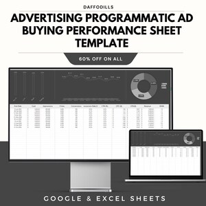 May include: A digital advertising performance sheet template displayed on a computer monitor and laptop. The template includes data visualizations and charts. The text on the image reads "ADVERTISING PROGRAMMATIC AD BUYING PERFORMANCE SHEET TEMPLATE" and "60% OFF ON ALL".