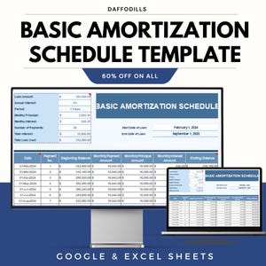 Puede incluir: Una plantilla digital para un programa de amortización básico, que se muestra en un monitor de computadora y una computadora portátil. La plantilla incluye campos para el monto del préstamo, los intereses y los detalles del pago. El texto dice "Basic Amortization Schedule Template" y "60% Off On All".