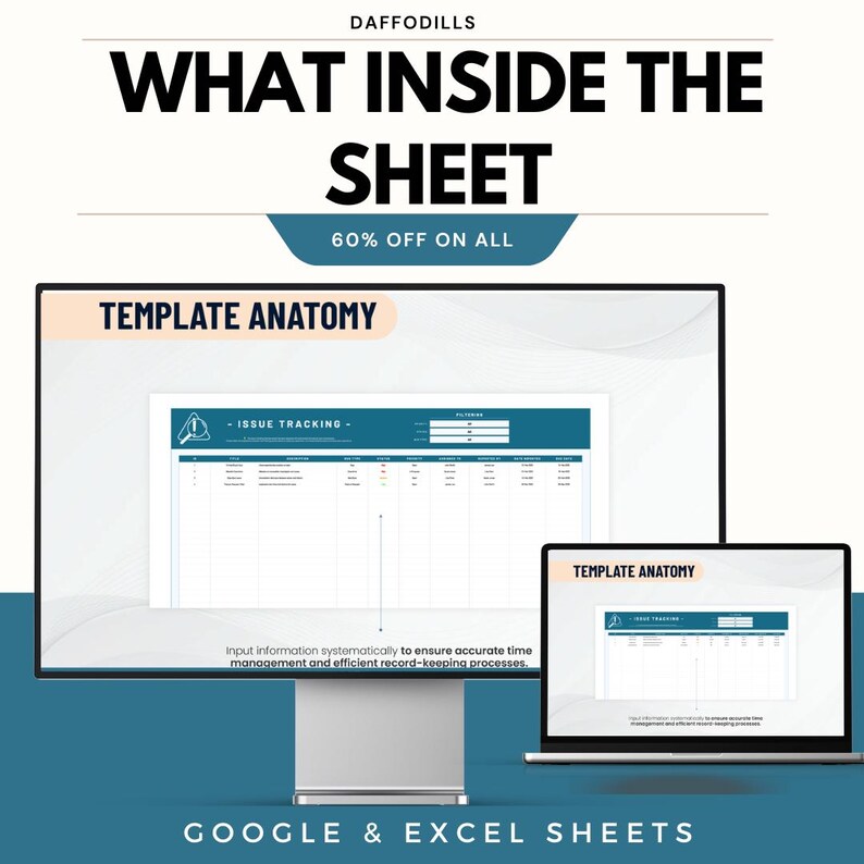 Pode incluir: An&uacute;ncio de produto digital com o texto "WHAT INSIDE THE SHEET" e "60% DE DESCONTO EM TUDO". A imagem mostra um monitor de computador e um laptop exibindo um modelo de planilha. O texto "TEMPLATE ANATOMY" &eacute; vis&iacute;vel, assim como "GOOGLE & EXCEL SHEETS".